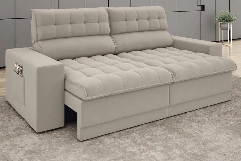 Sofá Omega 2,00m Assento Retrátil e Reclinável Velosuede Areia - NETSOFAS