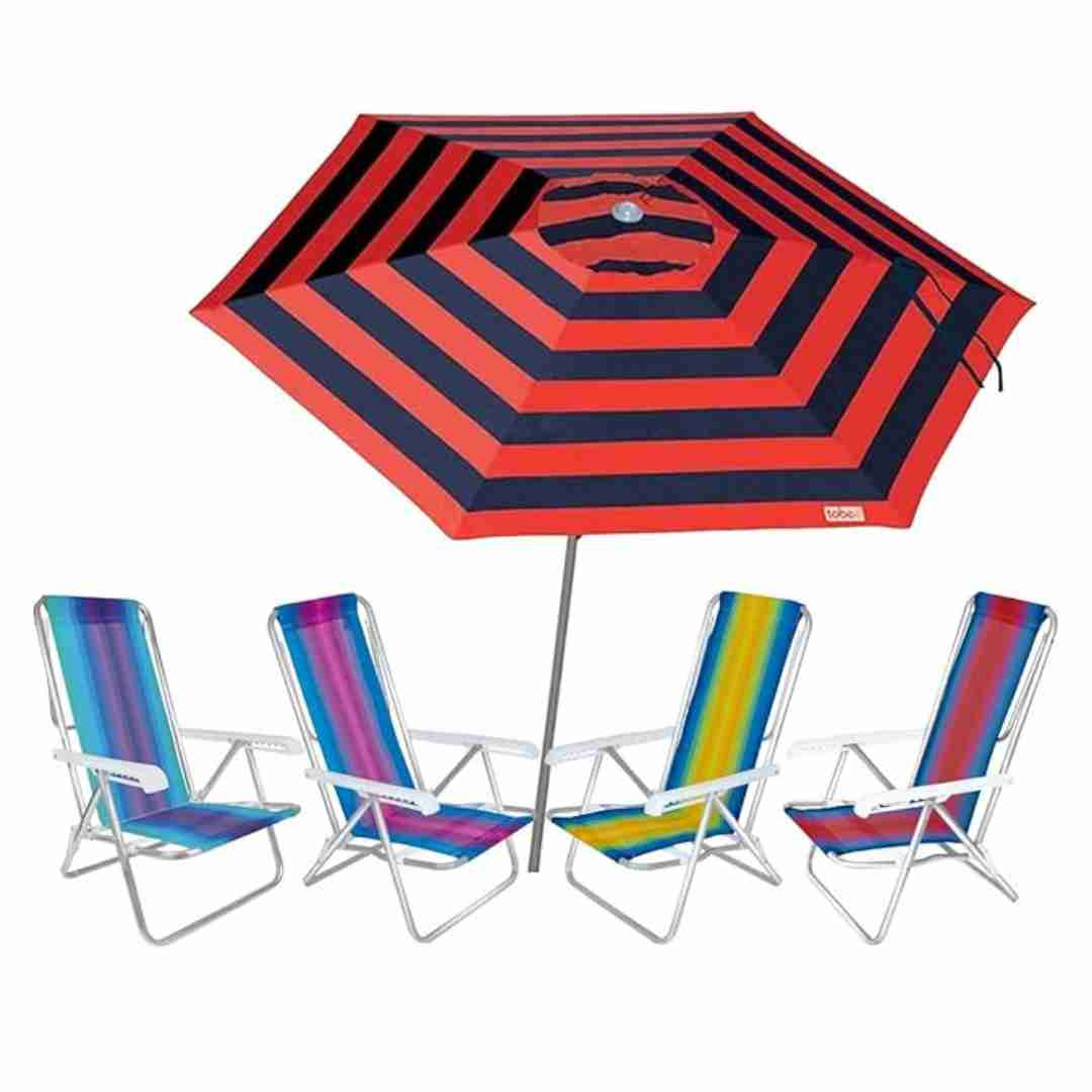 Kit Guarda Sol Ombrelone 2,4m Malibu Vermelho 4 Cadeira 8 Posições Alumínio Praia Piscina Camping - Tobee