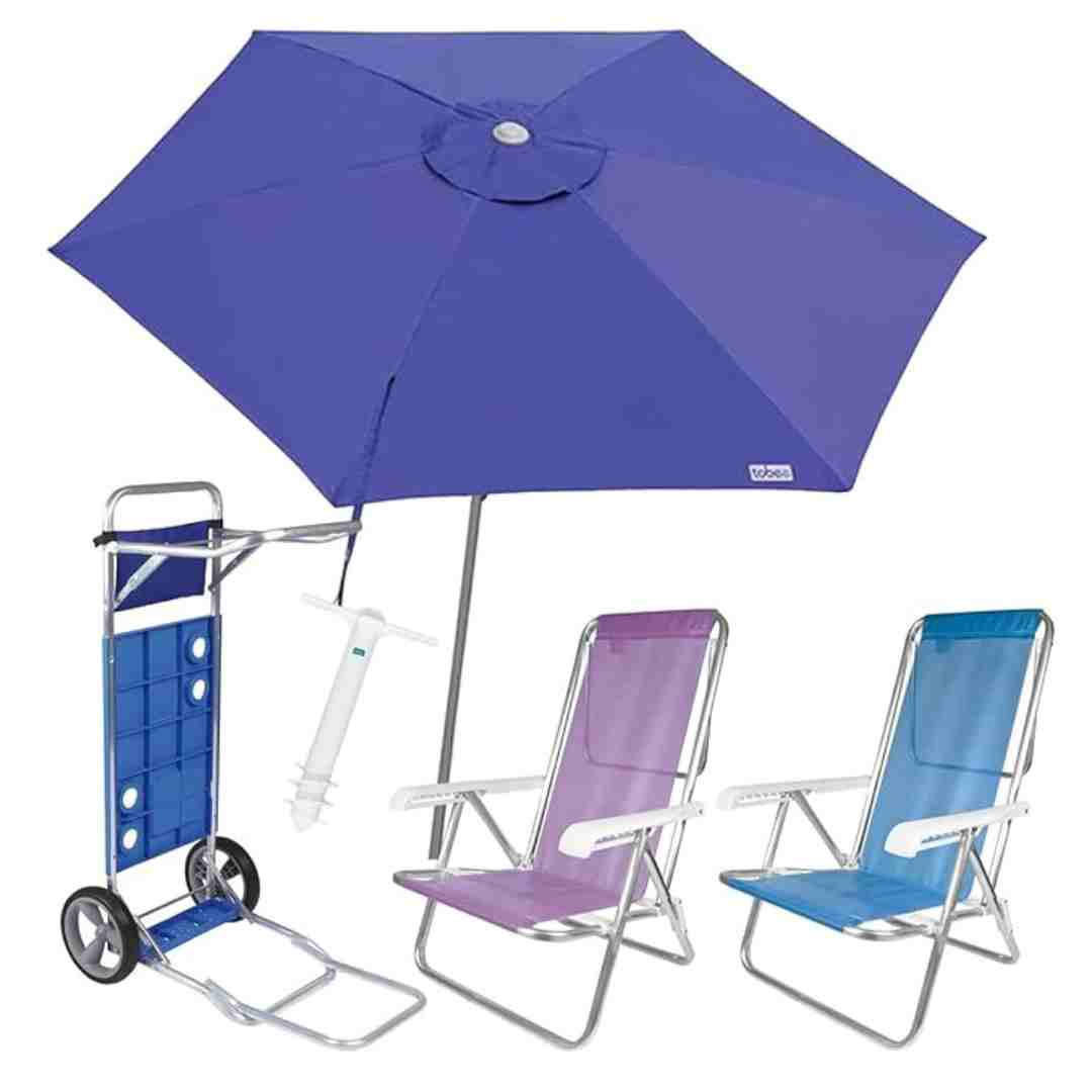 Kit Guarda Sol Ombrelone 2,4m Malibu Carrinho De Praia Avanço 2 Cadeira Reclinável 8 Posições Saca Areia - Tobee - Azul