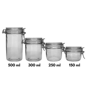 Jogo Com 4 Potes Herméticos De Vidro Com Vedação Em Borracha 500ml, 300ml, 250ml, 150ml Resistentes Ideal Para Armazenar Mel Grãos Cereais Temperos