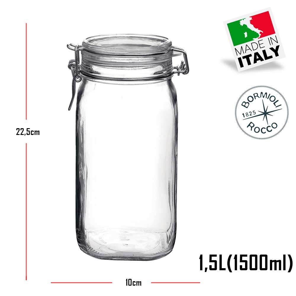 2 Potes hermético grande 1,5 Litro (1500ml) Fido Rocco Bormioli de vidro transparente com tampa para armazenamento de alimentos