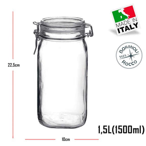 2 Potes hermético grande 1,5 Litro (1500ml) Fido Rocco Bormioli de vidro transparente com tampa para armazenamento de alimentos