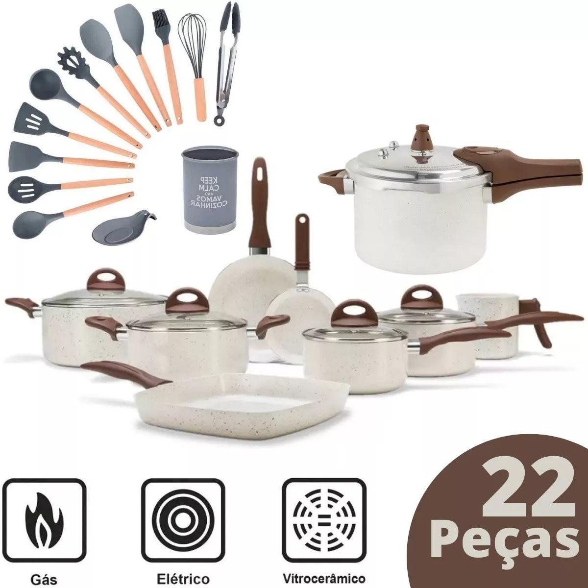 Panelas Antiaderentes Ceramic Premium Vanilla + Kit Utensílios em Silicone - Apenas para Hoje, Celebre Conosco o Aniversário da Loja! - Casa Amarela