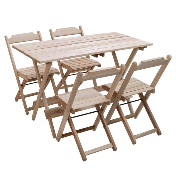 CONJUNTO DOBRÁVEL DE MESA 120X70 COM 1 MESA E 4 CADEIRAS EM MADEIRA EUCALIPTO SEM PINTURA - Casa Amarela