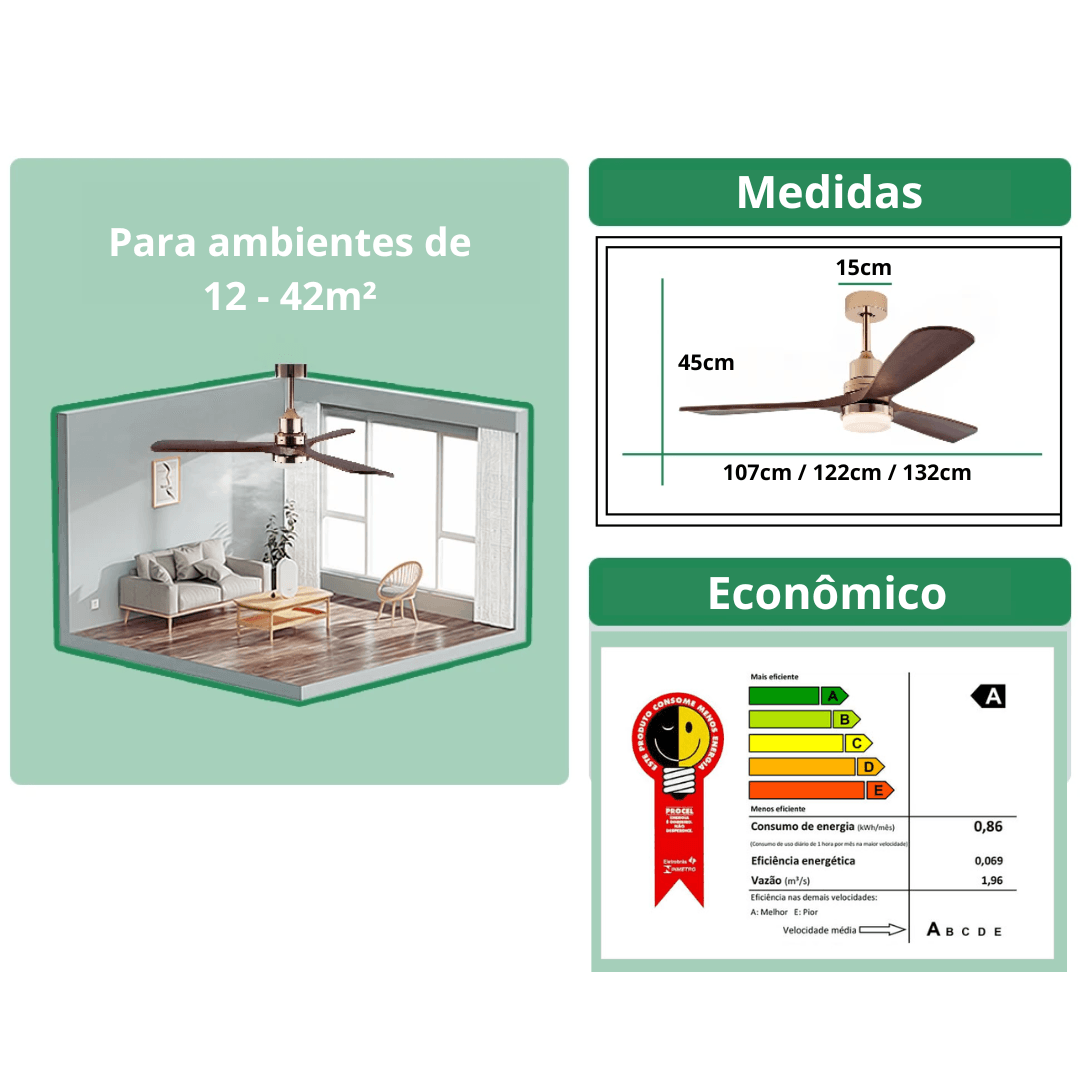 Ventilador de Teto Moderno Estilo Nórdico com Controle Remoto e iluminação - ZenithBreeze Titanium - Casa Amarela