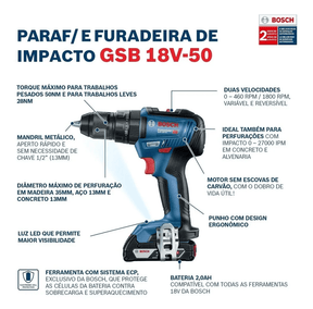 PARAFUSADEIRA FURAD IMPCTO 18V BOSCH GSB 18V-50 BRUSH + ACES Month sold 2530 - Casa Amarela